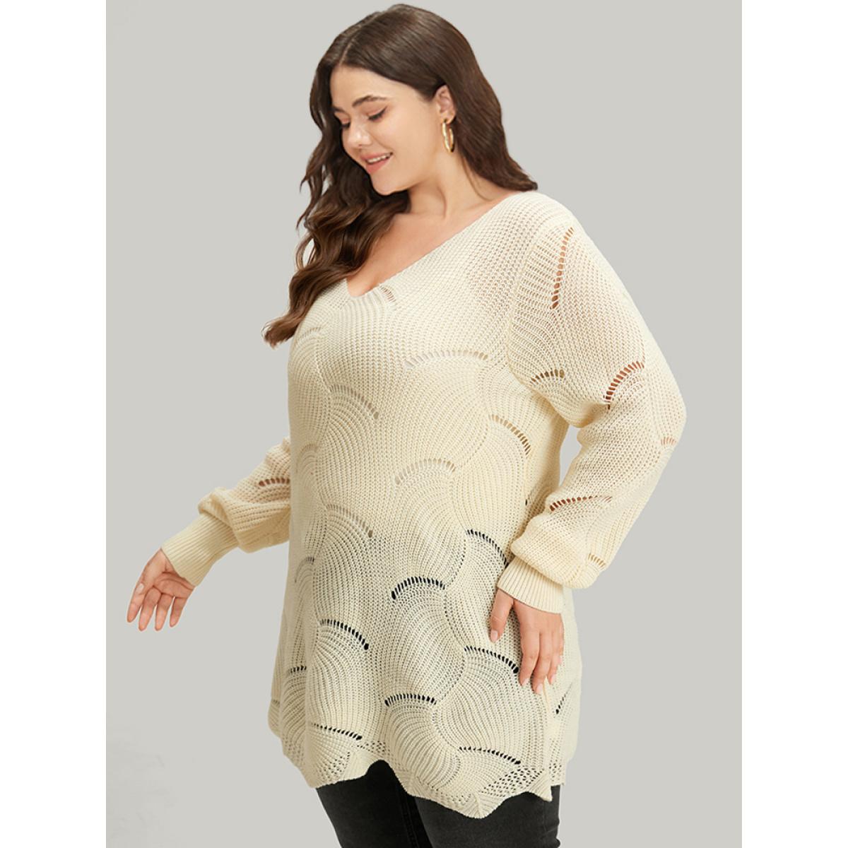 Plus Size Hollow Out Asymmetrical Hem Pullover Apricot Women Casual Loose Long Sleeve V-neck Dailywear Pullovers BloomChic 18-20/2X Product Image
