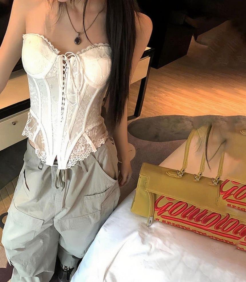 Lace-Up Lace Panel Corset Top Product Image