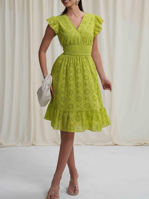 A-Line Loose Elasticity Hollow Pleated Solid Color V-Neck Mini Dresses Product Image