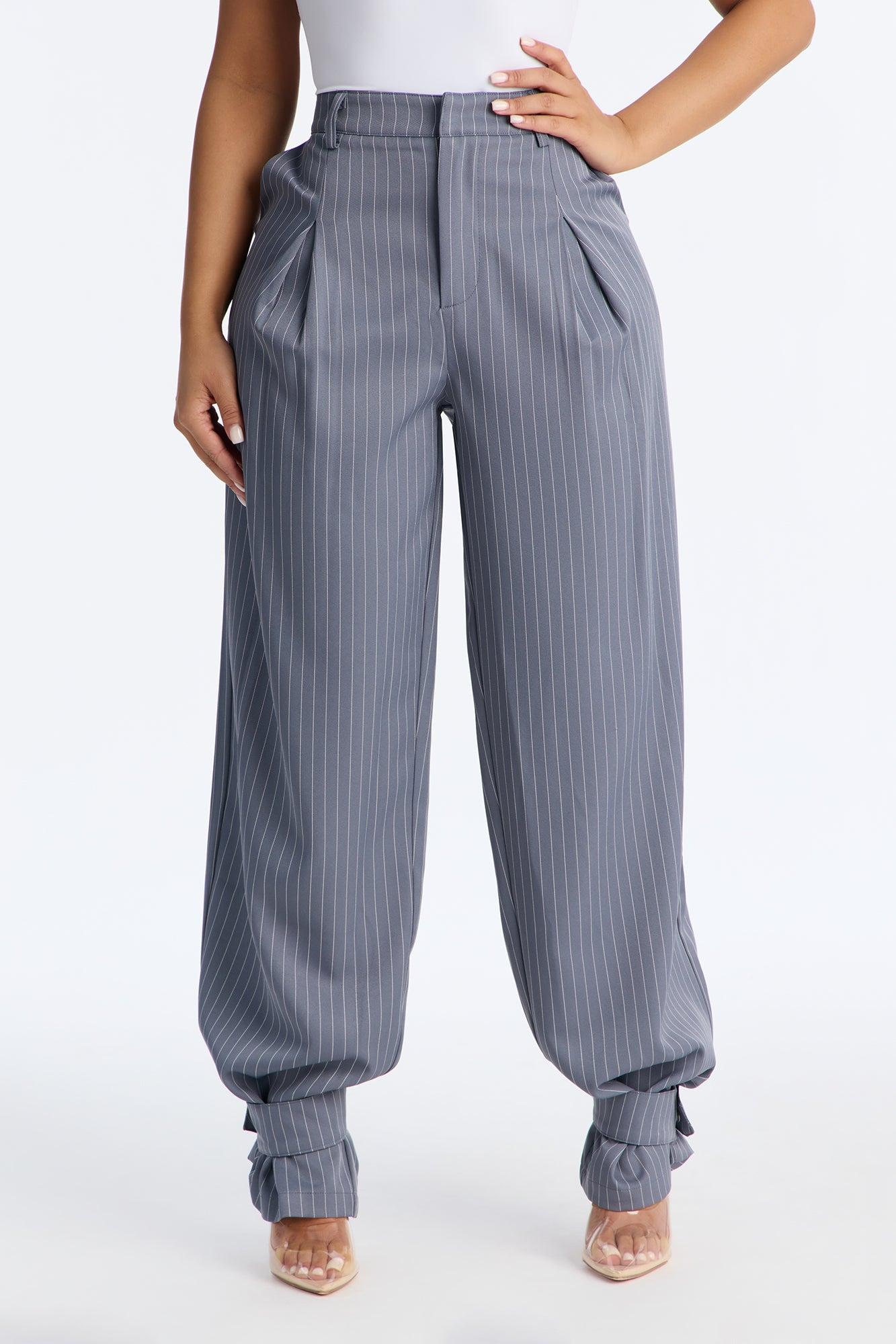 Never Settle Pinstripe Adjustable Cuff Trouser Pants 33″ - Grey Female Product Image