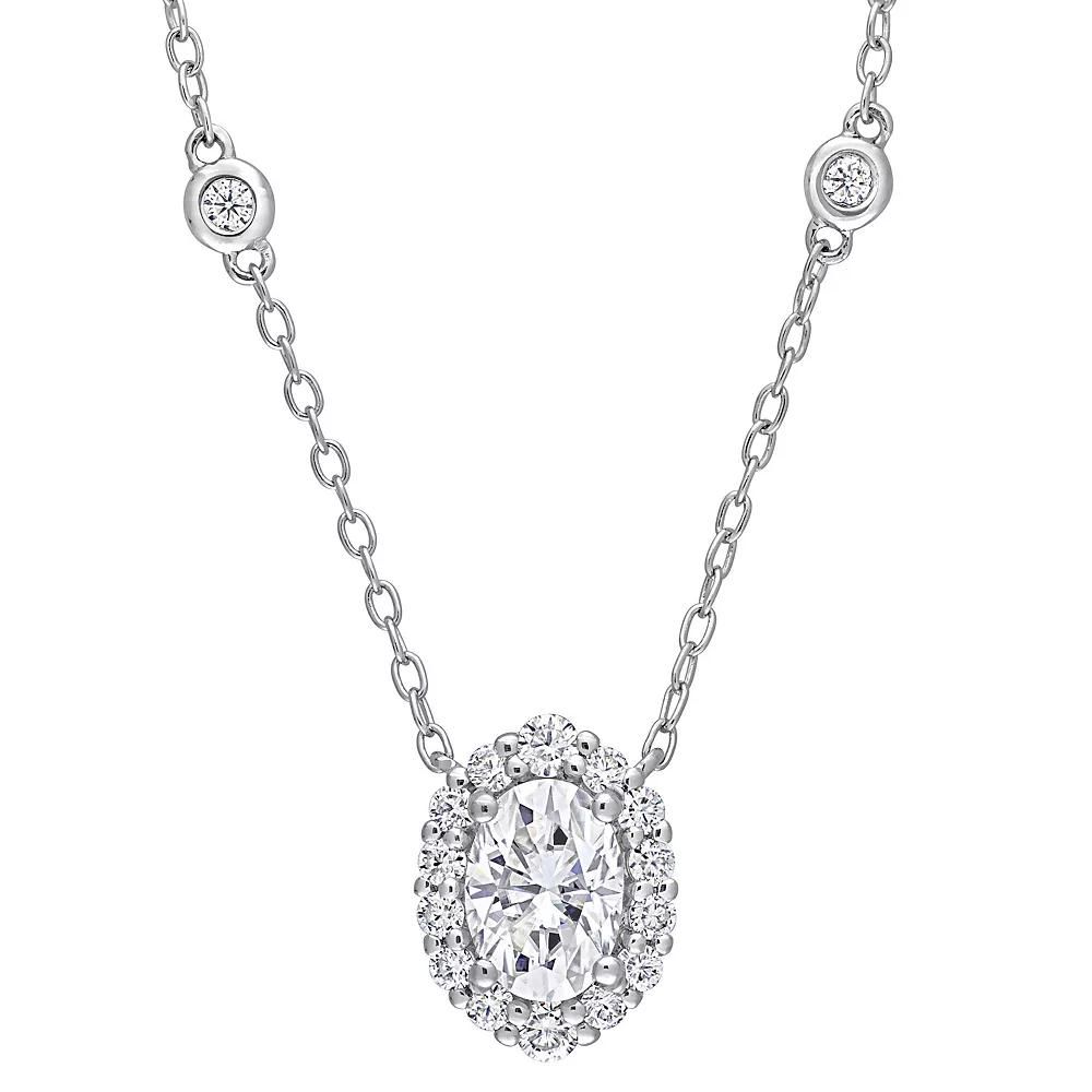 Stella Grace Sterling Silver 1 1/2 Carat T.W. Lab-Created Moissanite Oval Halo Necklace, Women's, Size: 18" Product Image