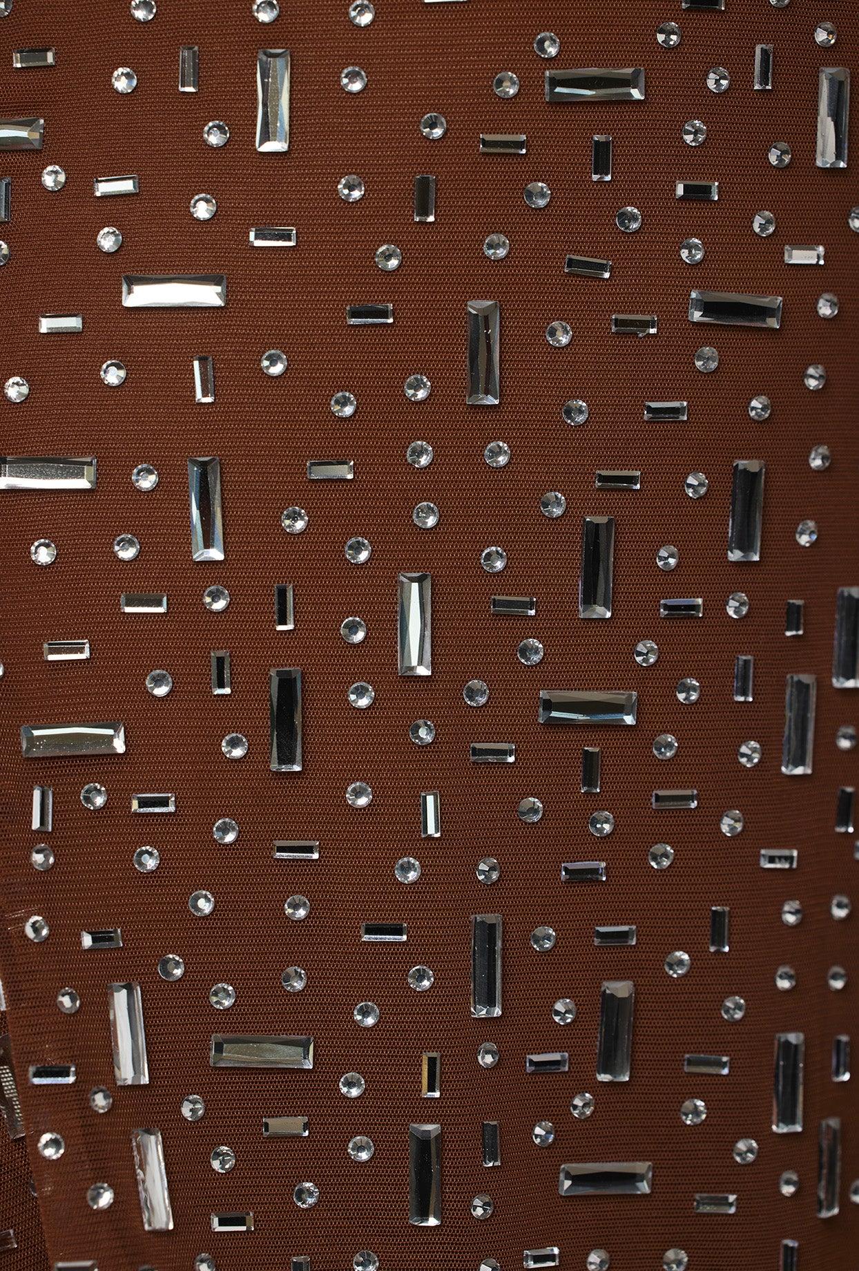 Sheer Embellished Scoop Neck Mini Dress in Mocha Product Image