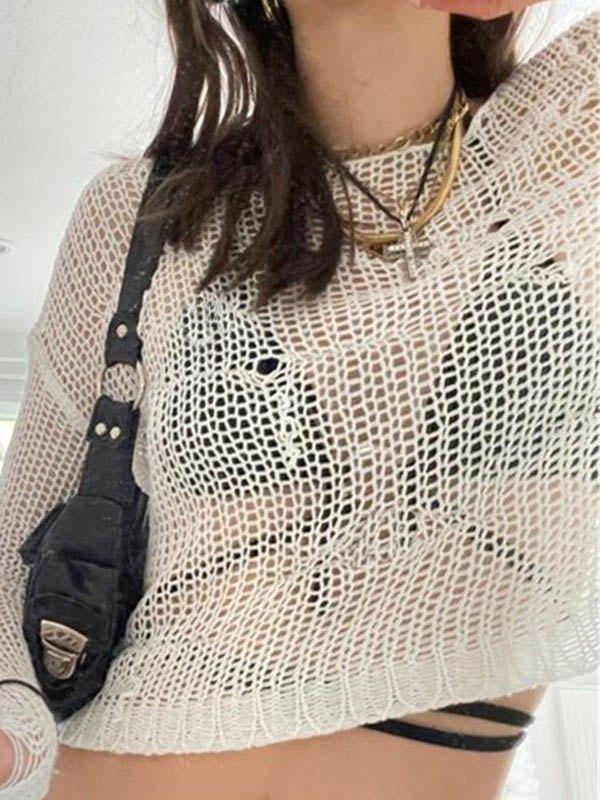 Distressed Crochet Knit Long Sleeve Crop Top Product Image