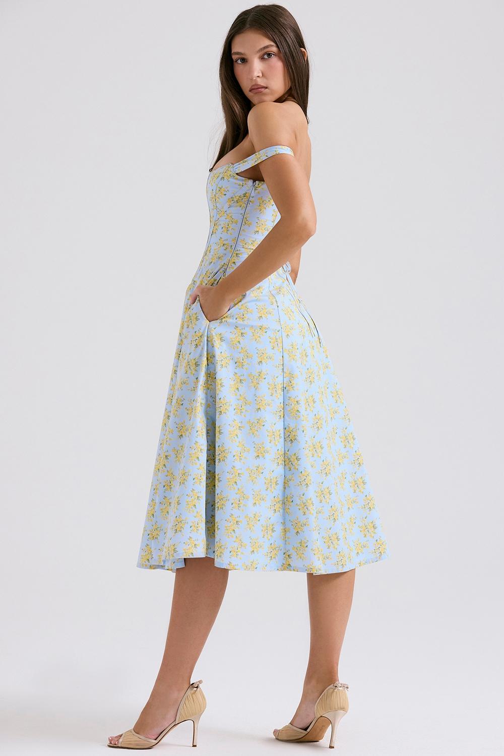 Saira  soft blue vintage floral print cotton midi sundress Product Image