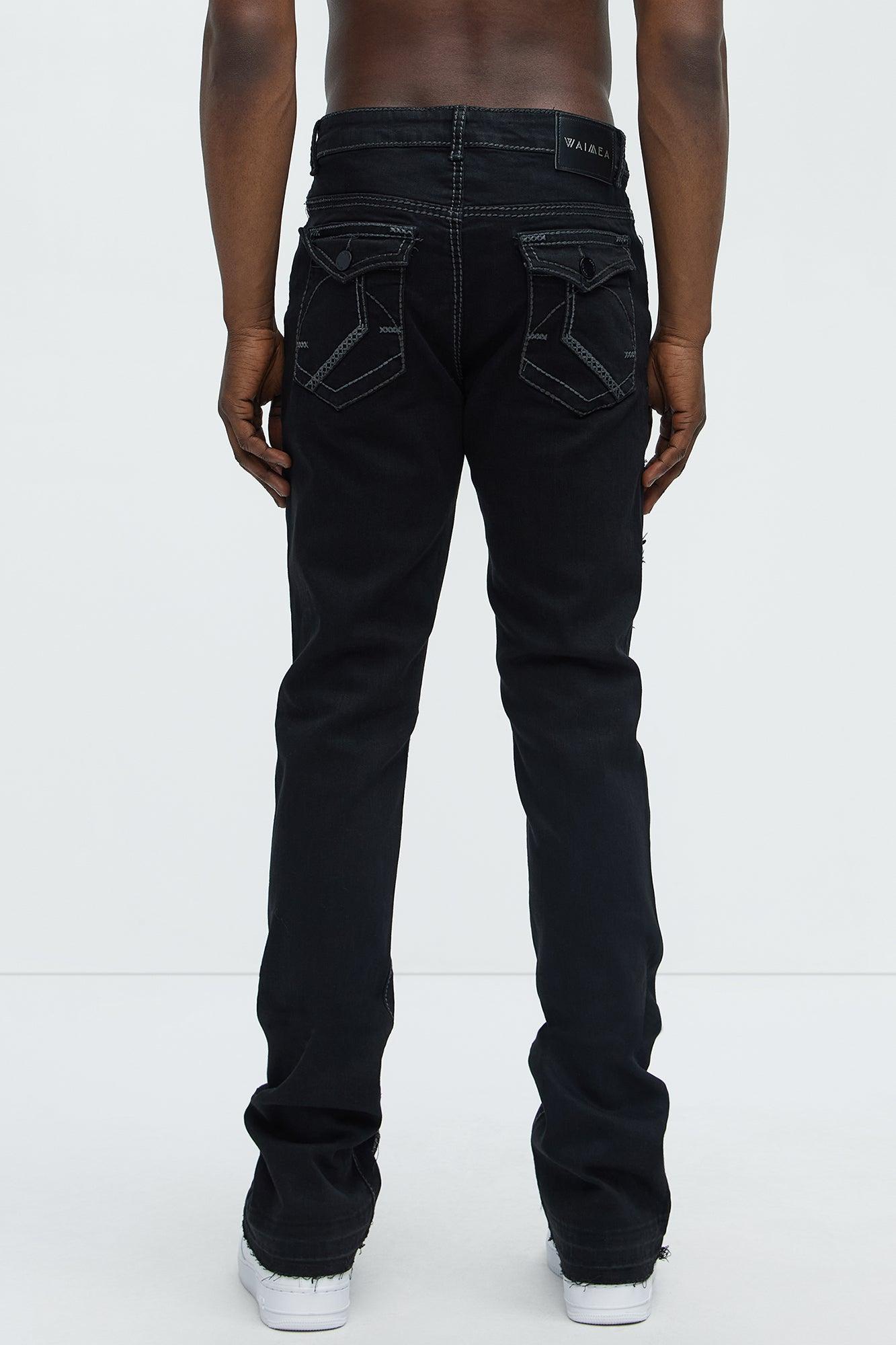 Stacked Skinny Flare Taking It Back Contrast Stitched Fray Jeans - Black Product Image