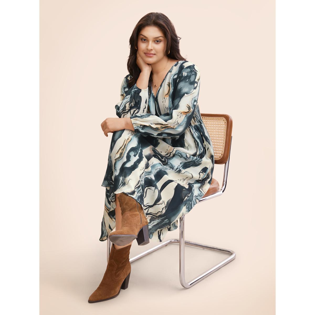 Plus Size Watercolor Floral Overlap Collar Midi Dress Aegean Women Elegant Gathered Overlap Collar Long Sleeve Curvy BloomChic 28/5X Product Image