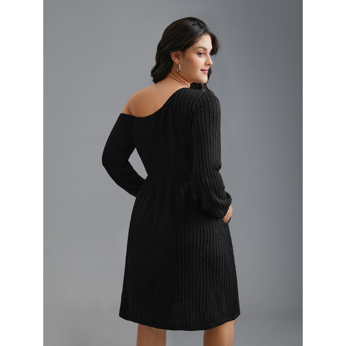 Plus Size One Shoulder Plain Textured Dress Black Women Casual Texture Knit Dresses Bloomchic 12/L Product Image