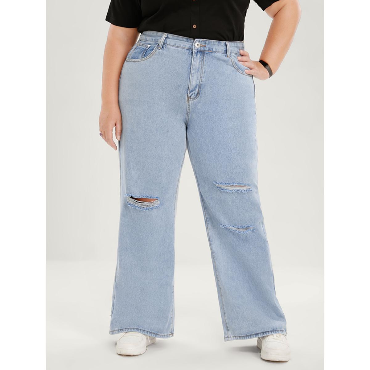 Plus Size Boyfriend Wide Leg Non Stretchy High Rise Light Wash Distressed Jeans Women LightBlue Casual Plain Distressed No stretch Pocket Jeans BloomChic 16/1X Product Image
