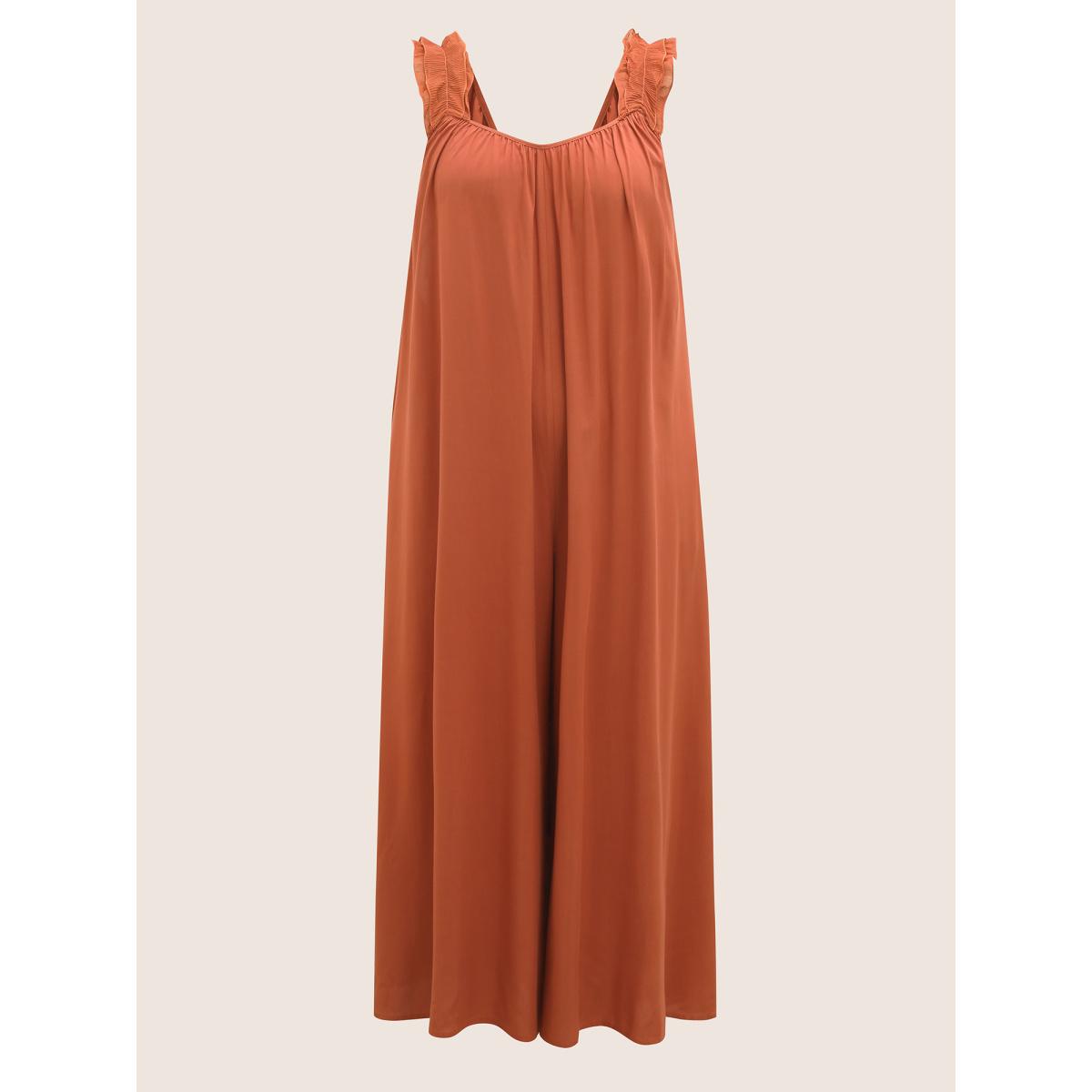 Plus Size Rust Rayon Ruffle Trim Gathered Tie Knot Jumpsuit Women Resort Sleeveless V-neck Vacation Loose Jumpsuits BloomChic 26/4X Product Image