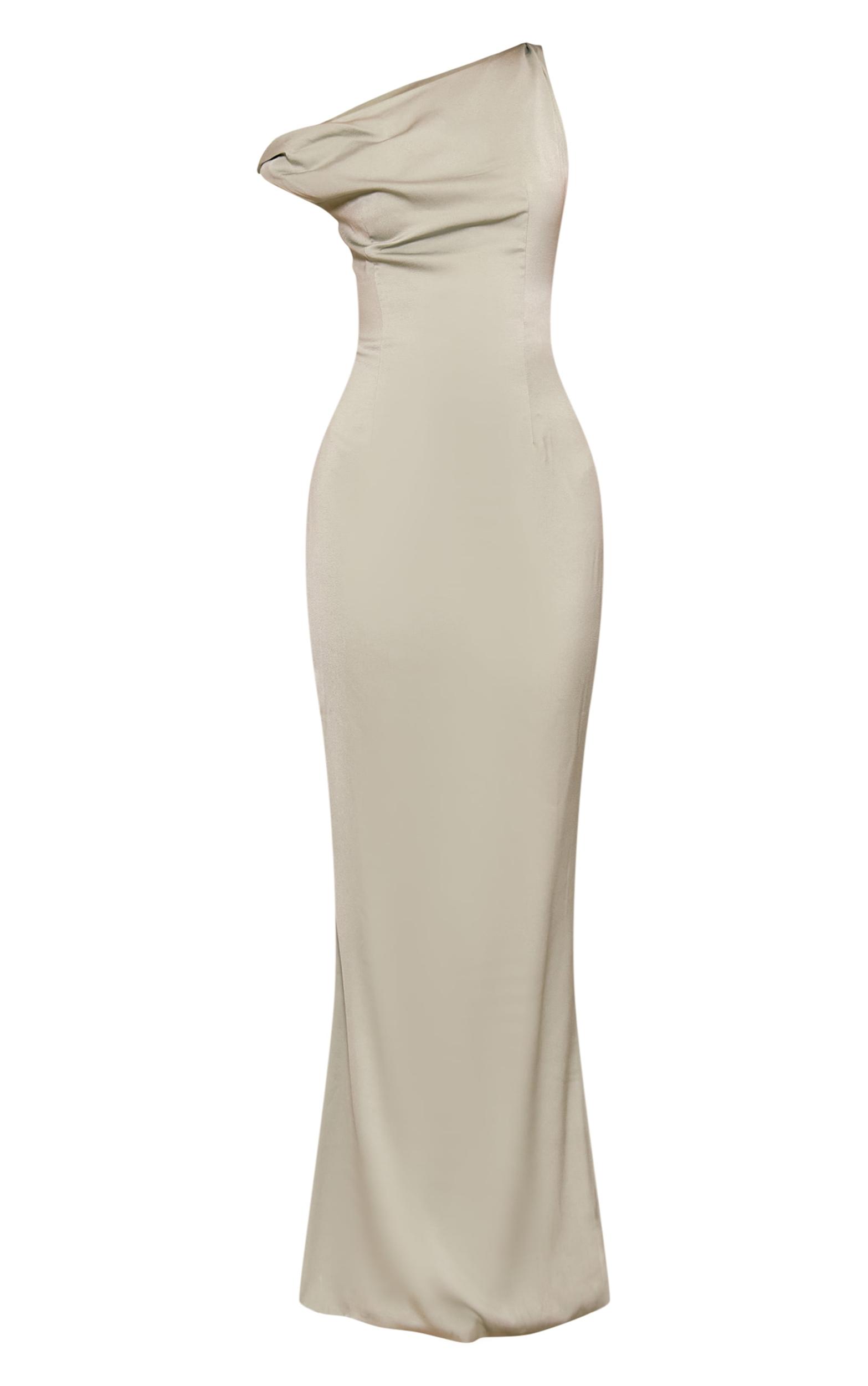 Sage Green Satin Asymmetric Bardot Twist Maxi Dress Product Image
