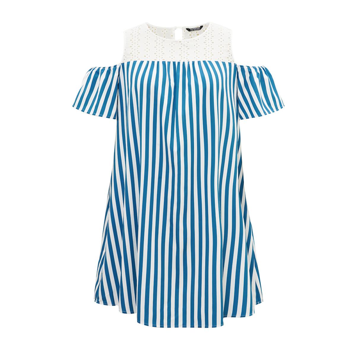 Plus Size Laser Cut Pocket Striped Patchwork Keyhole Dress Aegean Women Office Patchwork Round Neck Short sleeve Curvy Knee Dress BloomChic 18-20/2X Product Image