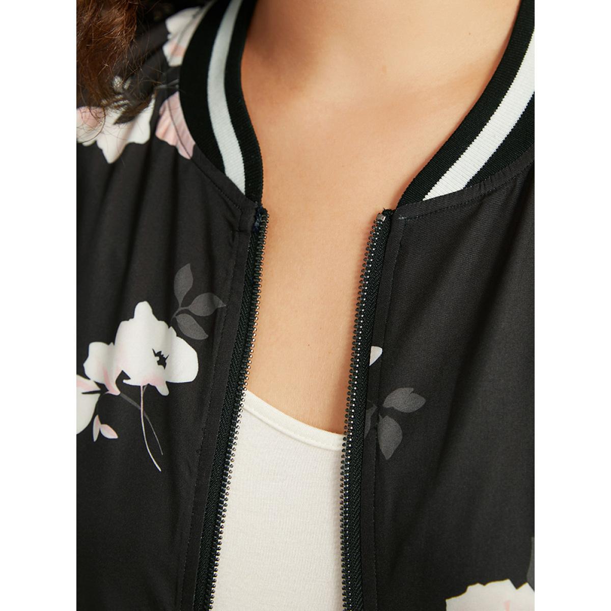 Plus Size Floral Contrast Trim O Ring Zipper Jacket Women Black Elastic cuffs Dailywear Jackets BloomChic 10/M Product Image
