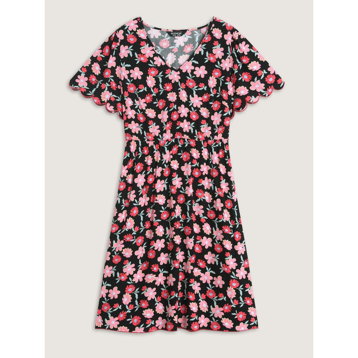 Plus Size Floral Radiance Flared Scalloped Sleeve Midi Dress BlackFlower Women V-neck Short sleeve Curvy BloomChic 28/5X Product Image