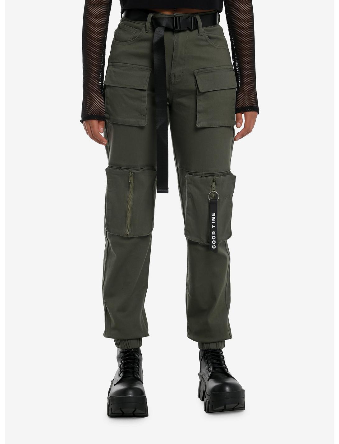 Olive Cargo Pocket Utility Jogger Pants With Belt Product Image