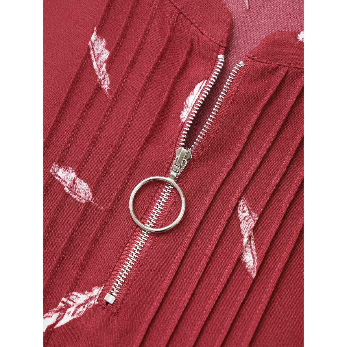 Plus Size Scarlet Feather Print Half Zip Tab Sleeve Split Hem Blouse Women Work From Home Long Sleeve Round Neck Work Blouses BloomChic 14-16/1X Product Image