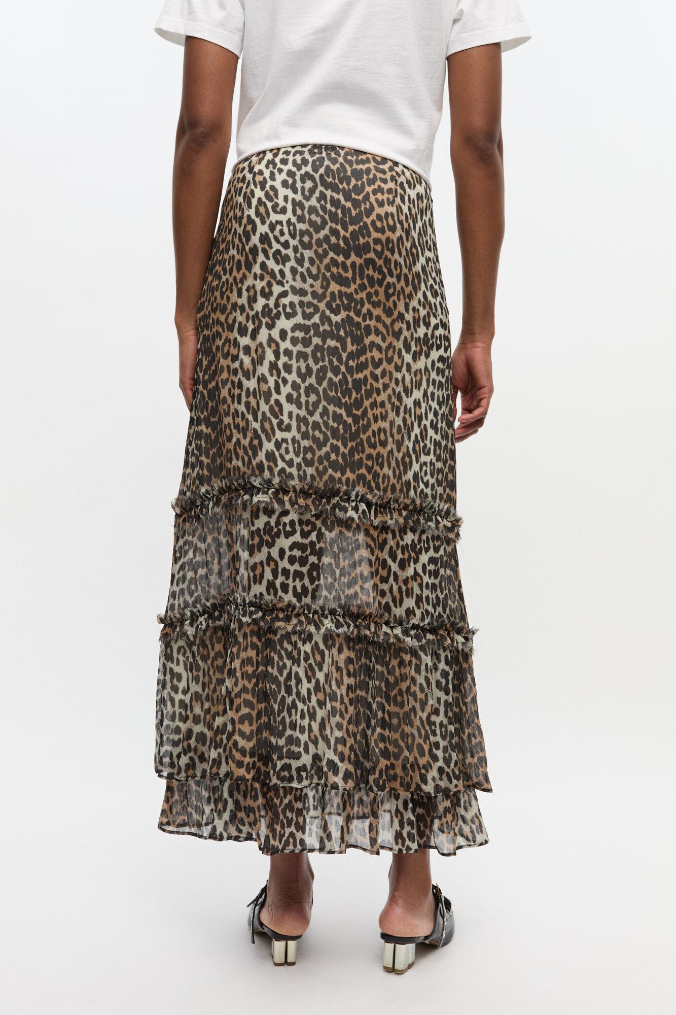 Leopard Print Long Chiffon Ruffle Skirt Product Image