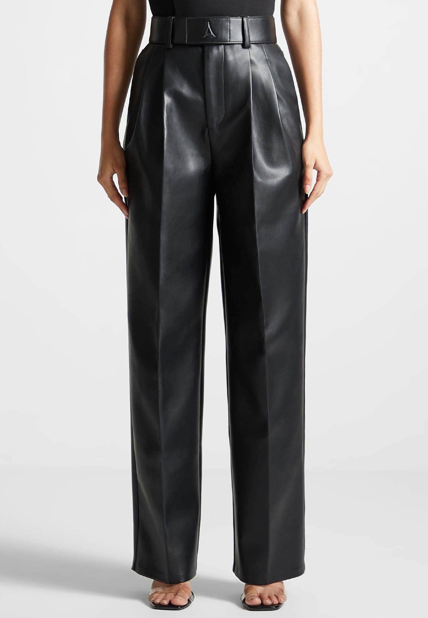 Leather Pleated Trousers with Eiffel Belt - Black Female Product Image