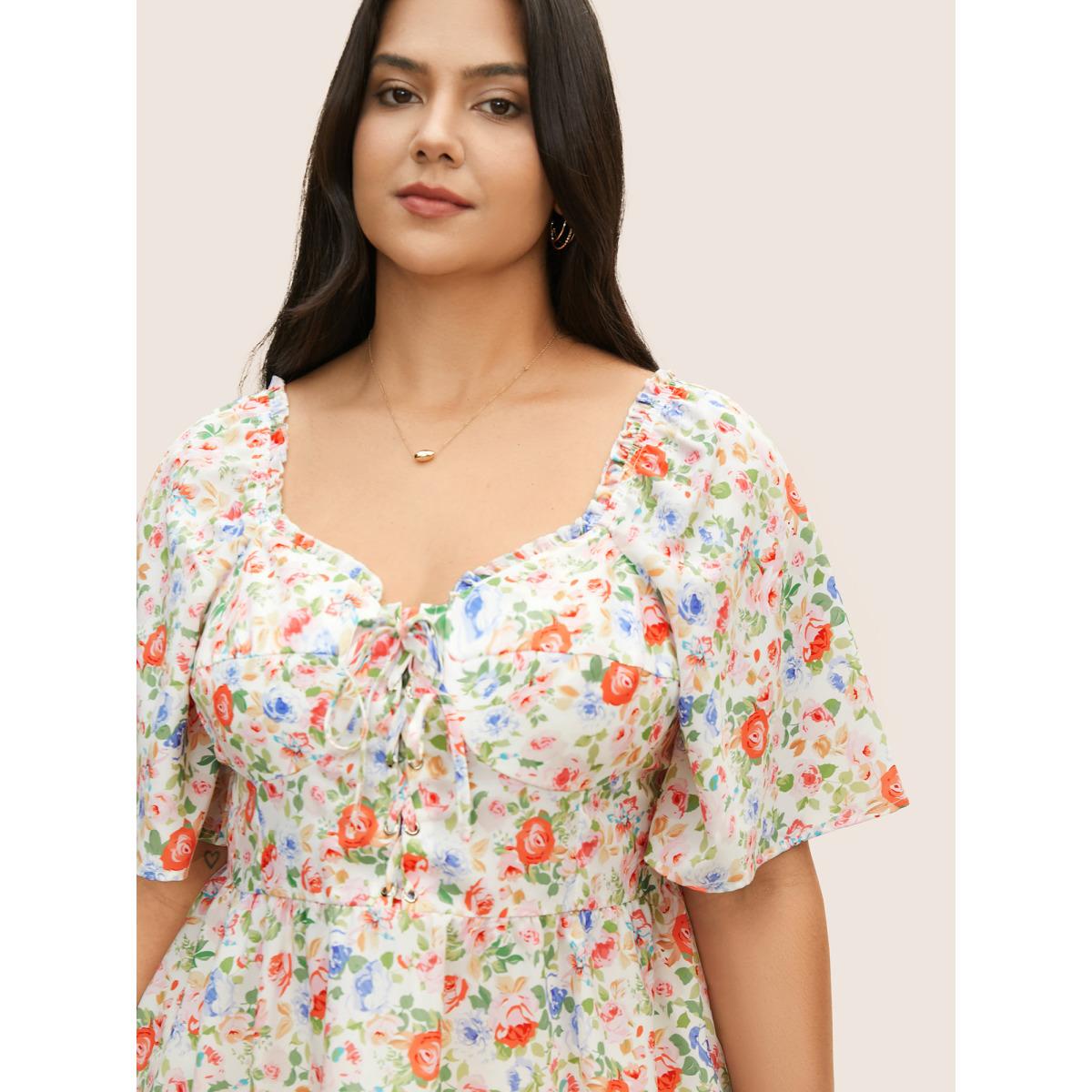 Plus Size Multicolor Heart Neckline Floral Frill Trim Blouse Women Elegant Short sleeve Heart neckline Everyday Blouses BloomChic 14-16/1X Product Image