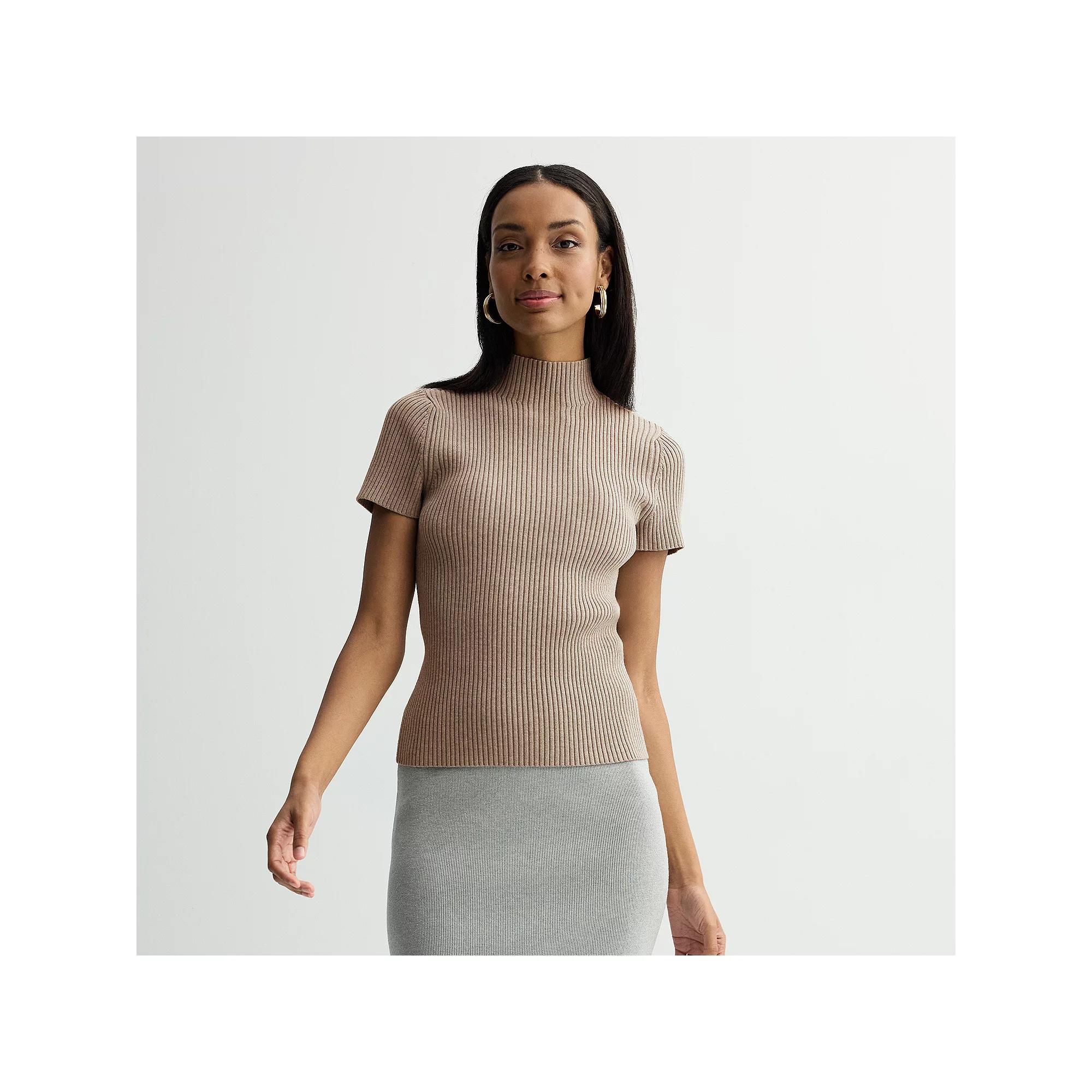 Women's Nine West Ribbed Mockneck Short Sleeve Sweater, Size: XS, Medium Beige Product Image