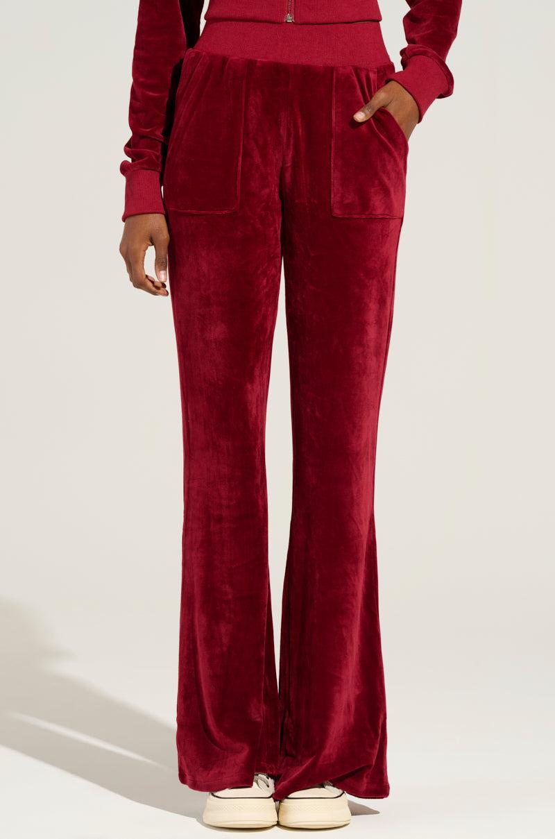 VELOUR GALORE FLARED  LEG JOGGER IN BURGUNDY Product Image