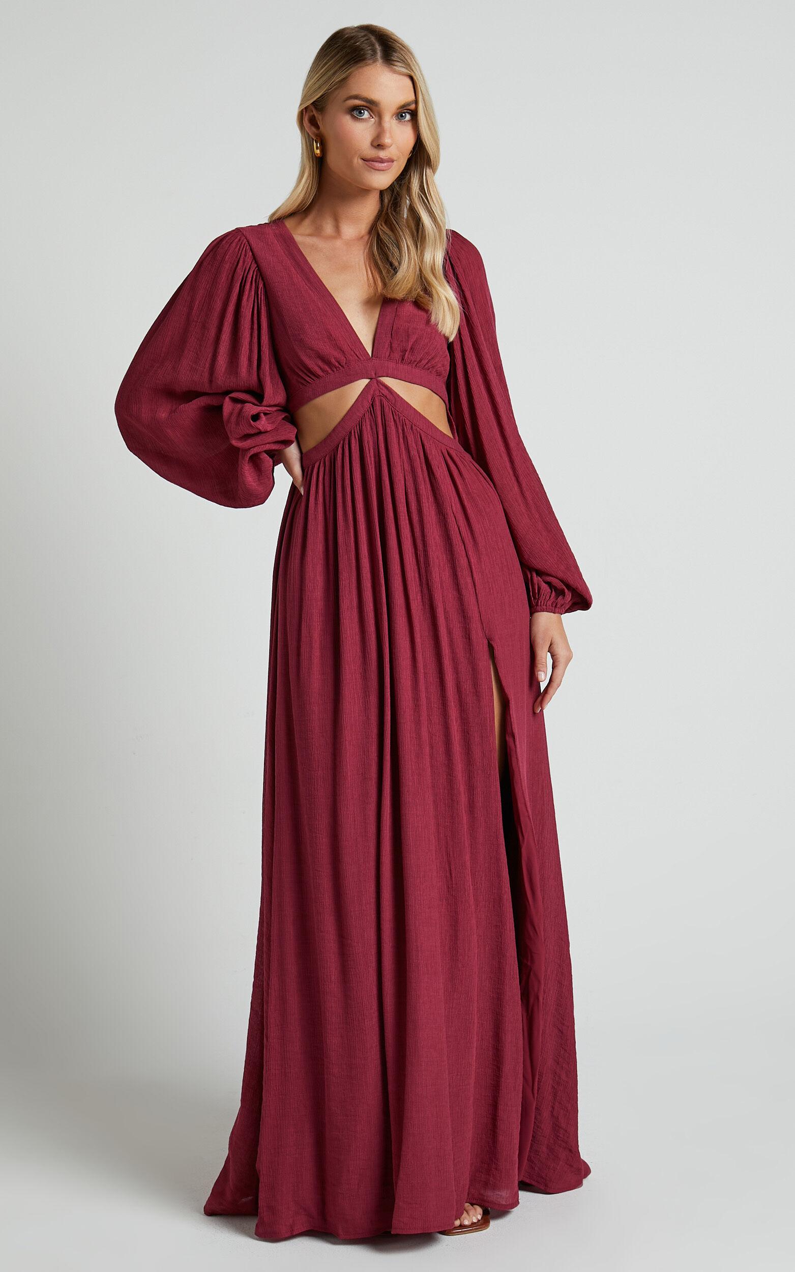 Paige Maxi Dress - Side Cut Out Balloon Sleeve Dress in Mulberry Product Image