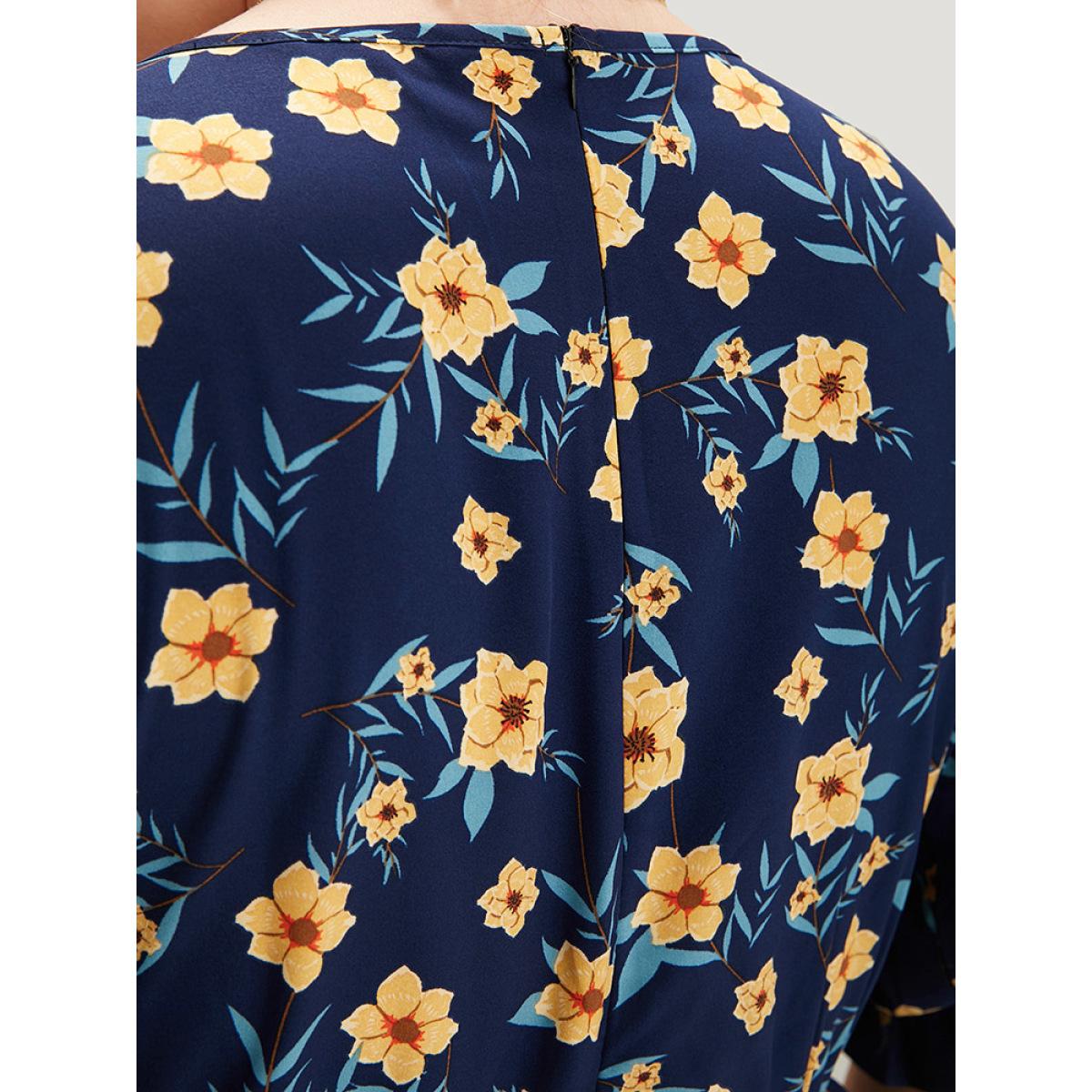 Plus Size Indigo Floral Print Pocket V Neck Wrap Split Hem Jumpsuit Women Elegant Half Sleeve V-neck Dailywear Loose Jumpsuits BloomChic 14-16/1X Product Image