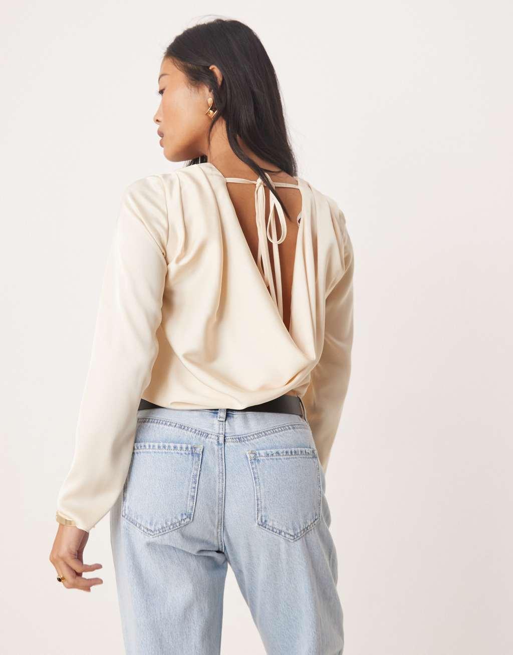 ASOS DESIGN Petite satin cowl bodysuit in cream Product Image