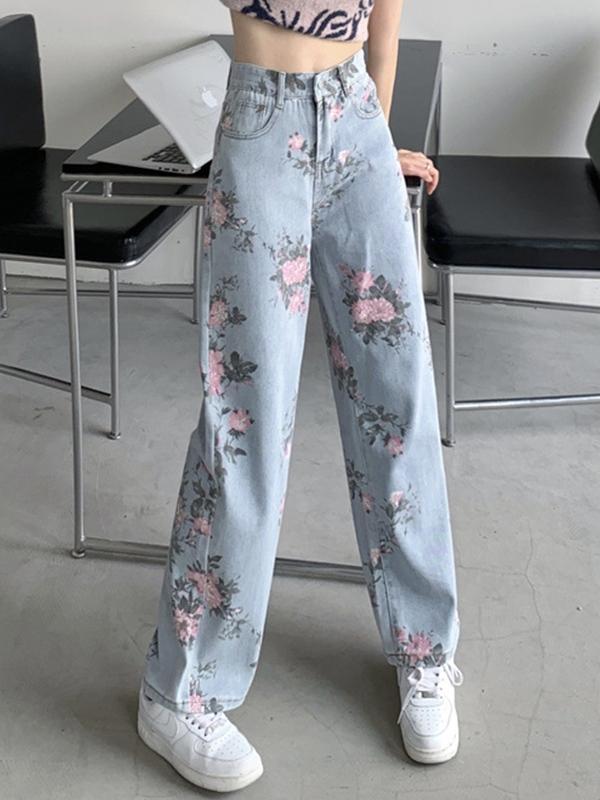 Washed Floral Print Boyfriend Jeans Product Image
