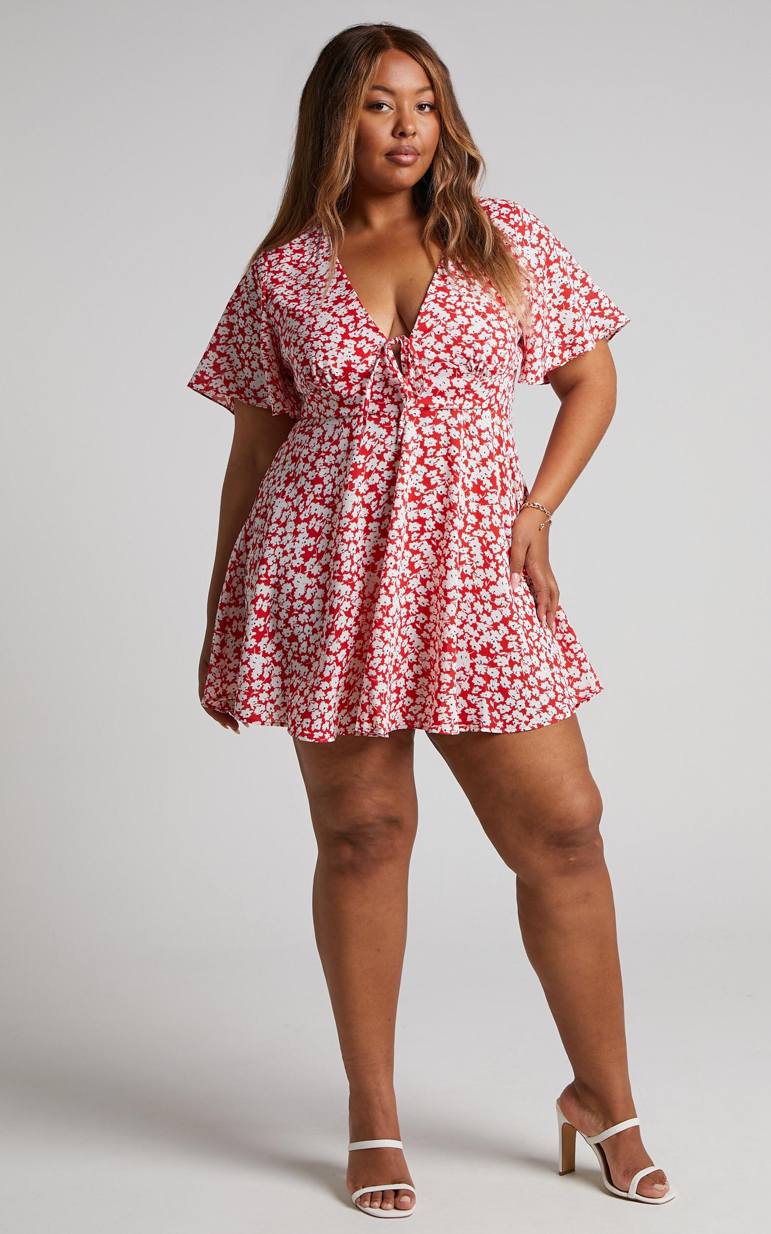 Rosario Mini Dress - Flutter Sleeve V Neck Dress in Red Ditsy Floral Product Image