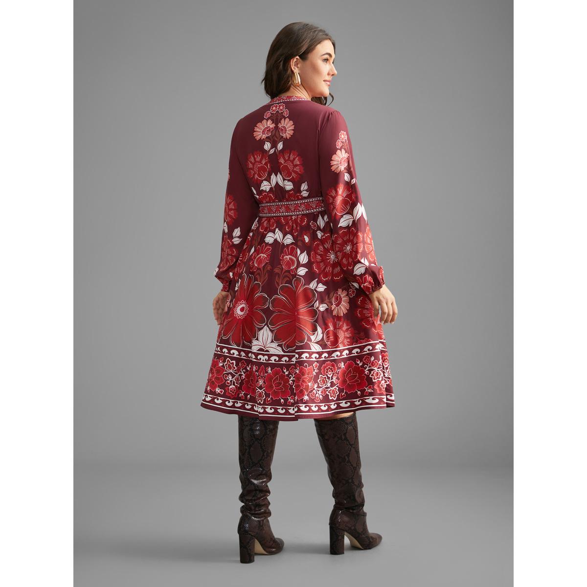 Plus Size Boho Print Belted Lantern Sleeve Dress Burgundy Women Cocktail Belted Notched collar Long Sleeve Curvy BloomChic 28/5X Product Image