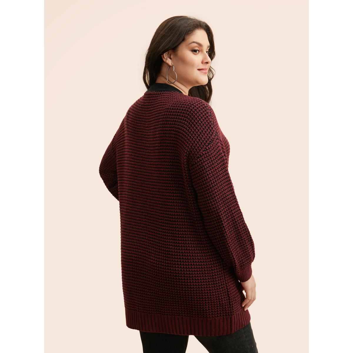 Plus Size Contrast Textured Drop Shoulder Sleeve Cardigan Burgundy Women Leisure Loose Long Sleeve Casual Cardigans BloomChic 22-24/3X Product Image