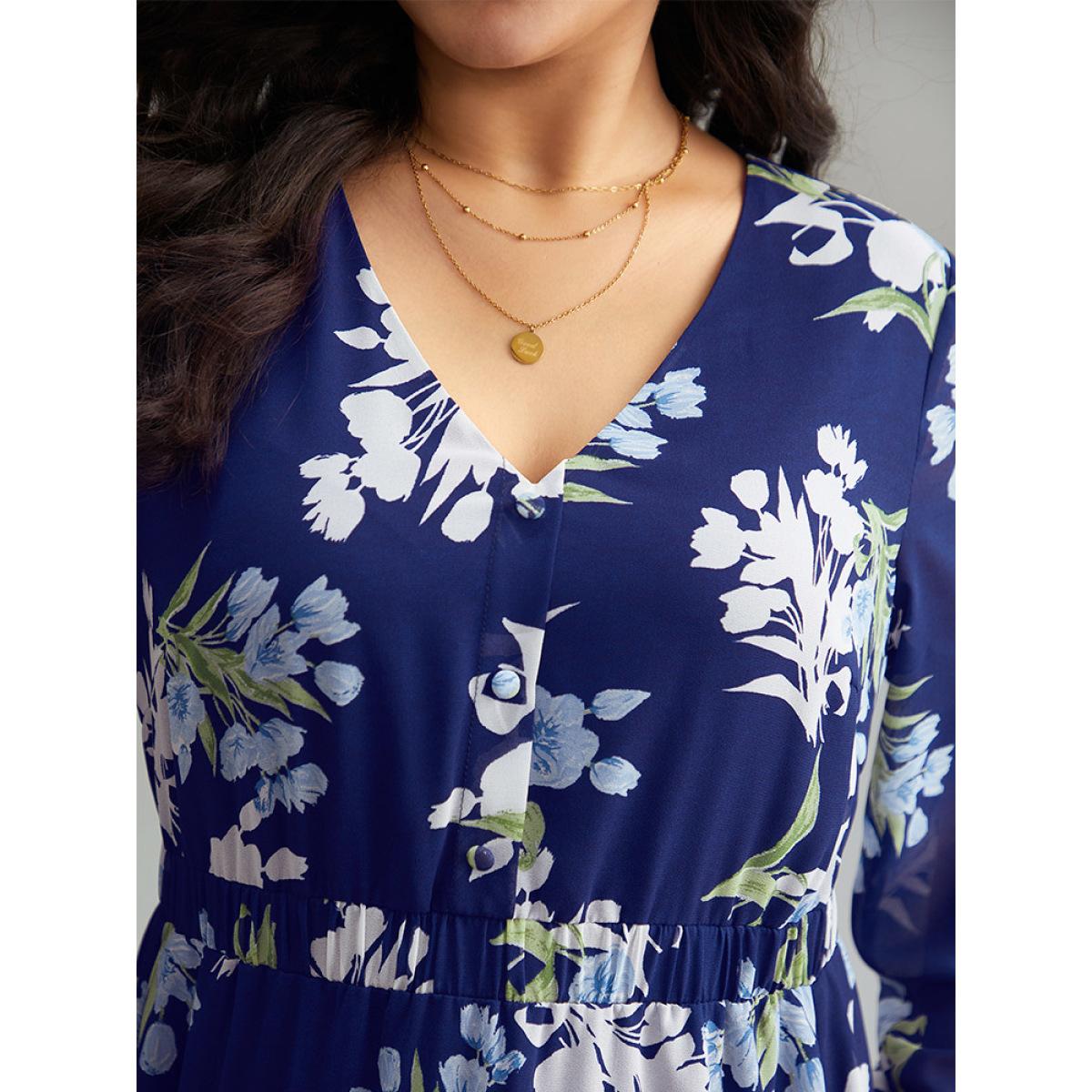 Plus Size Floral Print Chiffon Pocket Elastic Waist Gathered Dress DarkBlue Women Elegant Elastic cuffs V-neck Long Sleeve Curvy Midi Dress BloomChic 14-16/1X Product Image