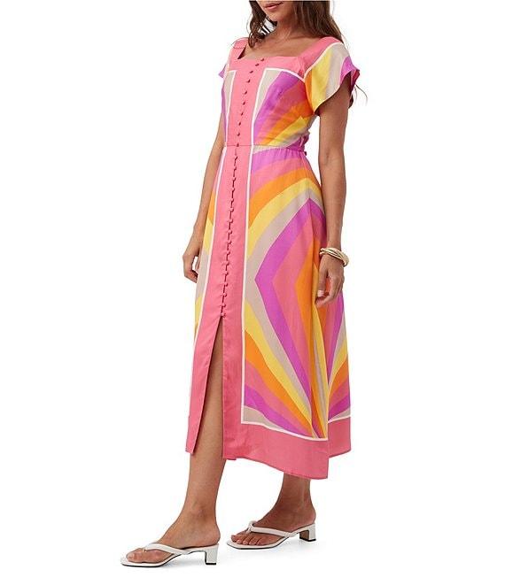 Trina Turk Apres Printed Square Neck Short Sleeve Button Front Midi Dress Product Image