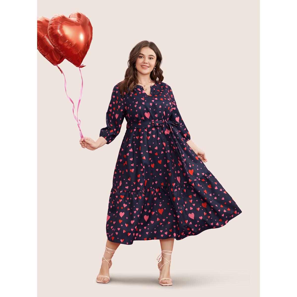 Plus Size Heart Print V Neck Pocket Belted Lantern Sleeve Ruffles Dress Navy Women Elegant Non V-neck Elbow-length sleeve Curvy Midi Dress BloomChic 10/M Product Image