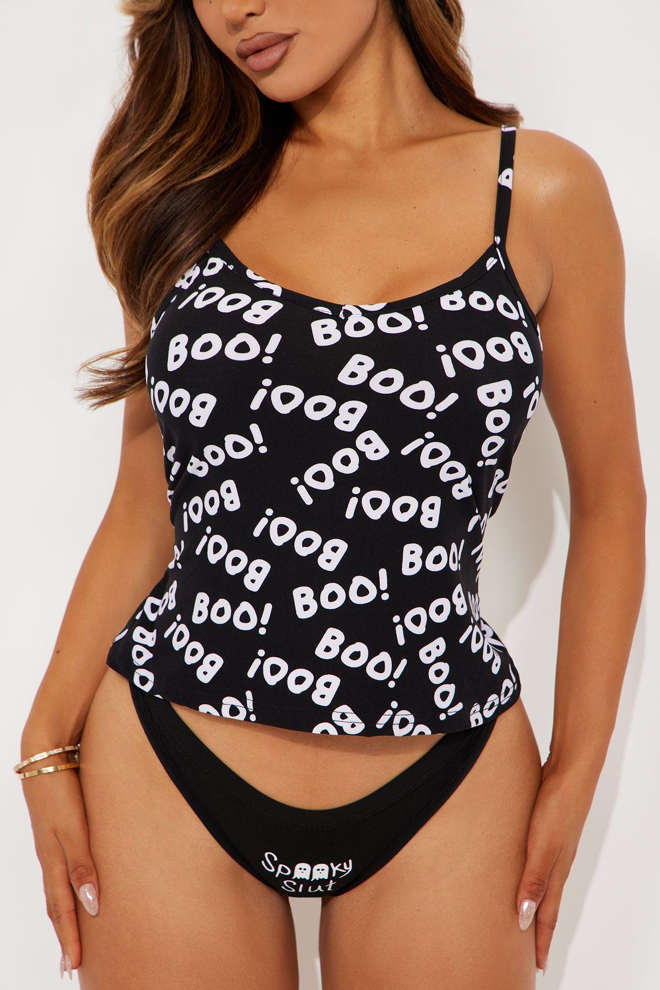 Spooky Slut Halloween 2 Piece Cami And Thong Set - Black/White Female Product Image