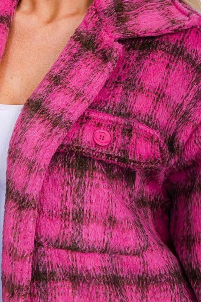 Long Sleeve Button Up Pockets Plaid Coat Product Image