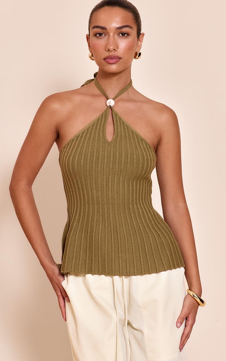 Olive Halterneck Bead Detail Knit Top Product Image