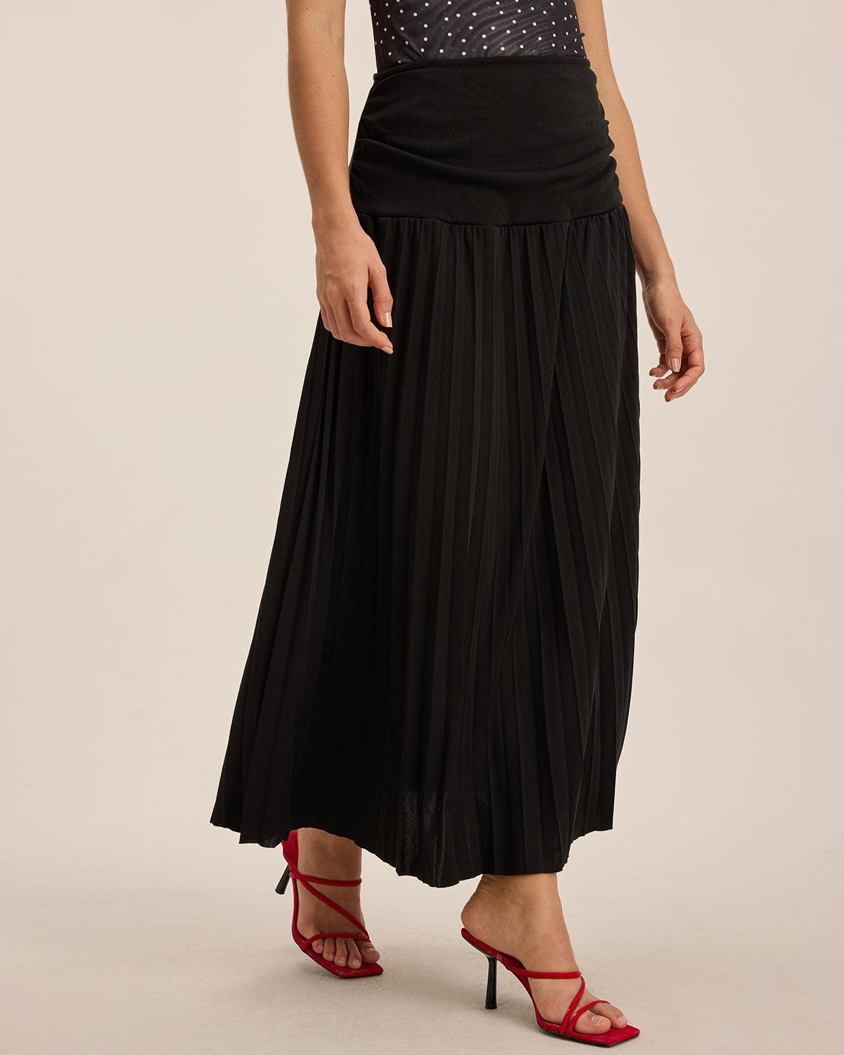Black Elastic Waist Pleated Midi Skirt Product Image