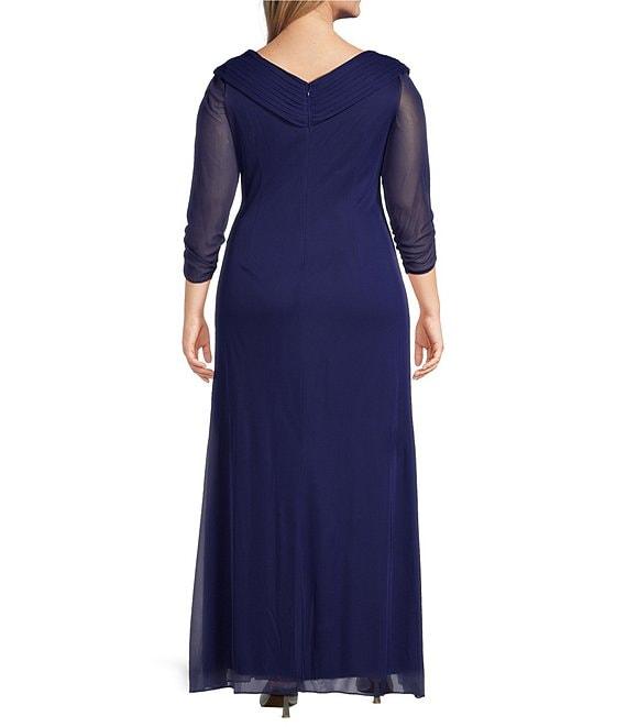Alex Evenings Plus Size Mesh Portrait Collar V-Neck 3/4 Sleeve Ruched Dress Product Image