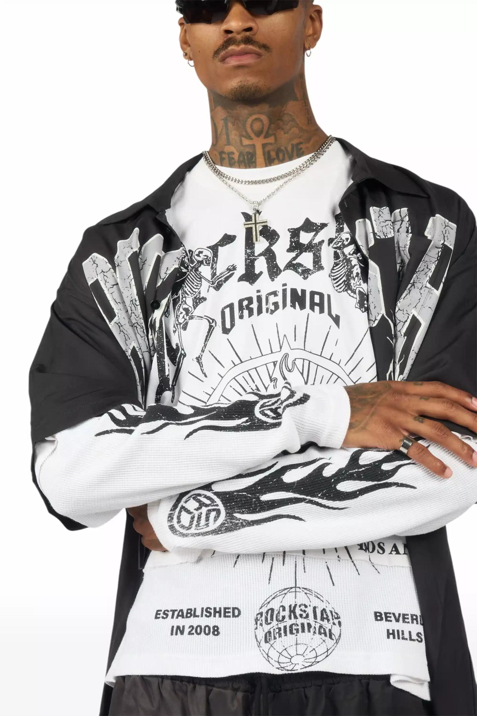 Hustle Black Button Down Short Set Male Product Image