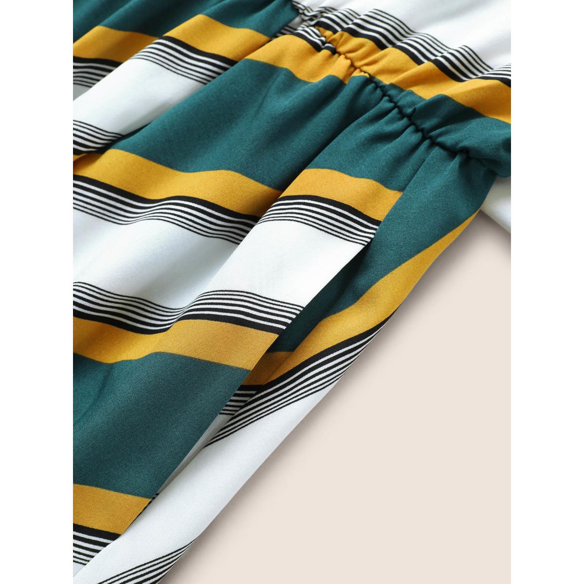 Plus Size Striped Contrast Asymmetrical Neck Belted Dress Cyan Women At the Office Non Asymmetrical Neck Elbow-length sleeve Curvy Midi Dress BloomChic 10/M Product Image