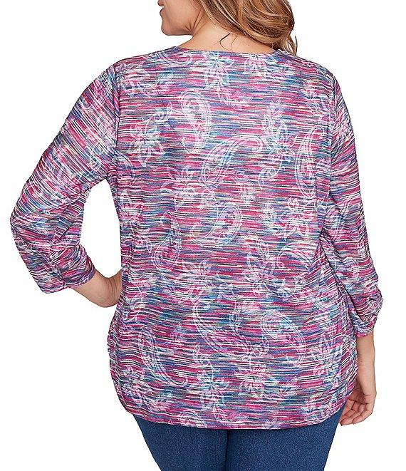 Ruby Rd. Plus Size Slub Jersey Knit Paisley Keyhole Neck 3/4 Ruched Sleeve Top Product Image