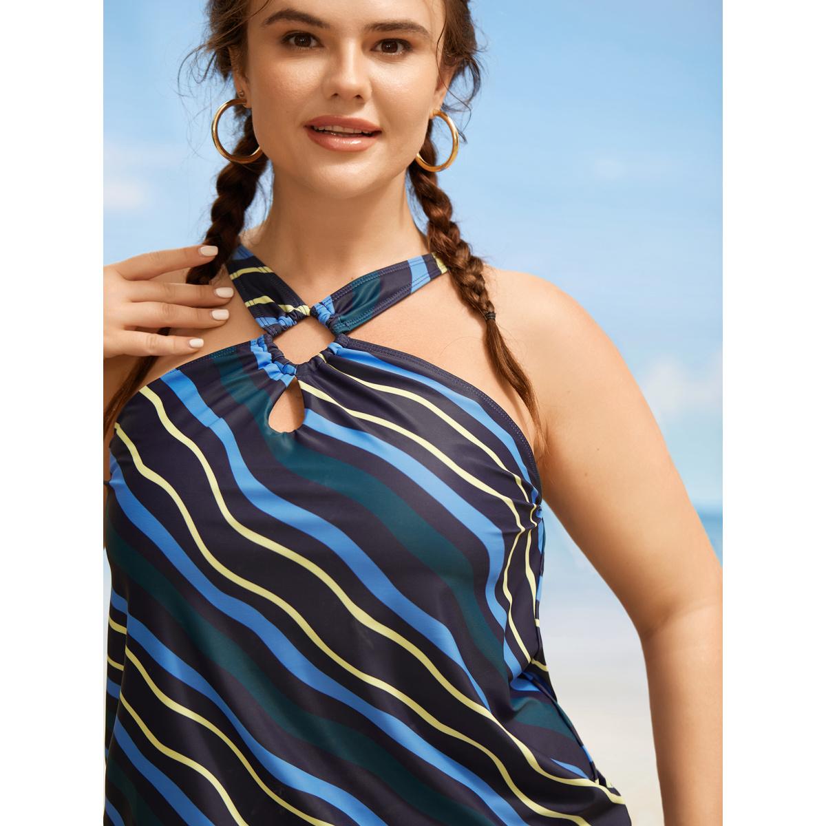 Plus Size Striped Keyhole Tie Knot Swim Top Women's Swimwear Cerulean Beach Tie knot High stretch Bodycon Asymmetrical Neck Curve Swim Tops BloomChic 18-20/2X Product Image