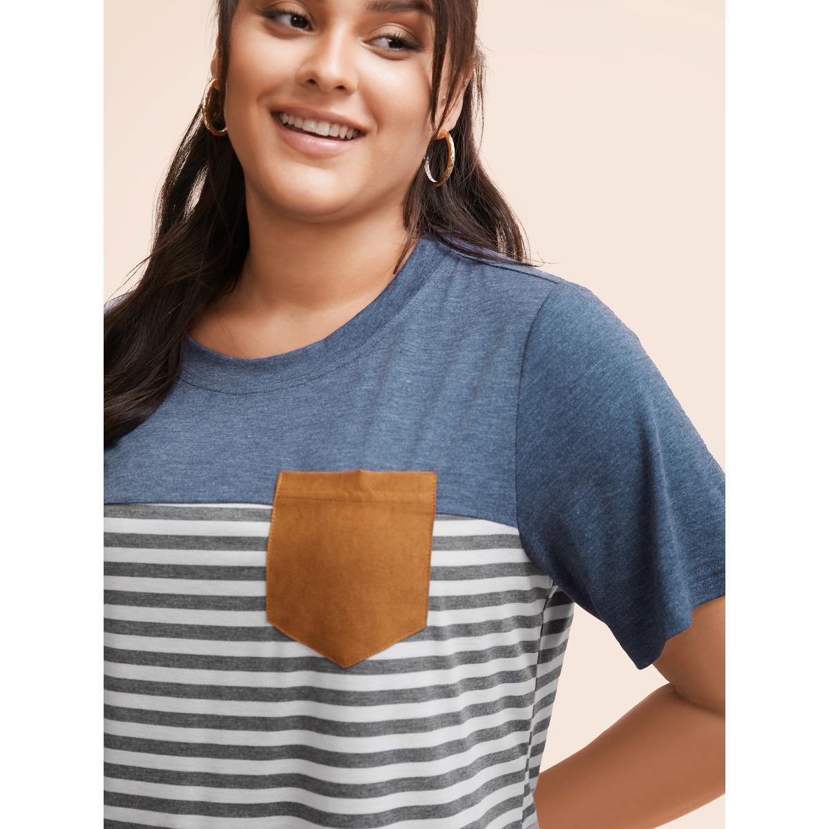 Plus Size Striped Patchwork Round Neck Patched Pocket T-shirt Multicolor Women Casual Patchwork Striped Round Neck Dailywear T-shirts BloomChic 26/4X Product Image