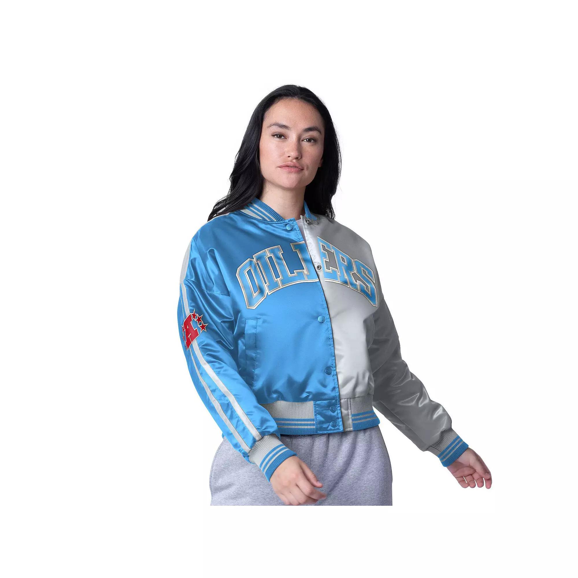 Women's Starter Light Blue/Silver Houston Oilers Gridiron Classics Zone Blitz Cropped Full-Snap Satin Jacket,  Product Image