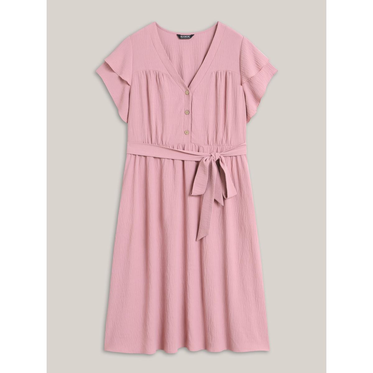 Plus Size Layered Ruffled Sleeve Fake Placket Midi Dress Blush Women V-neck Cap Sleeve Curvy BloomChic 12/L Product Image