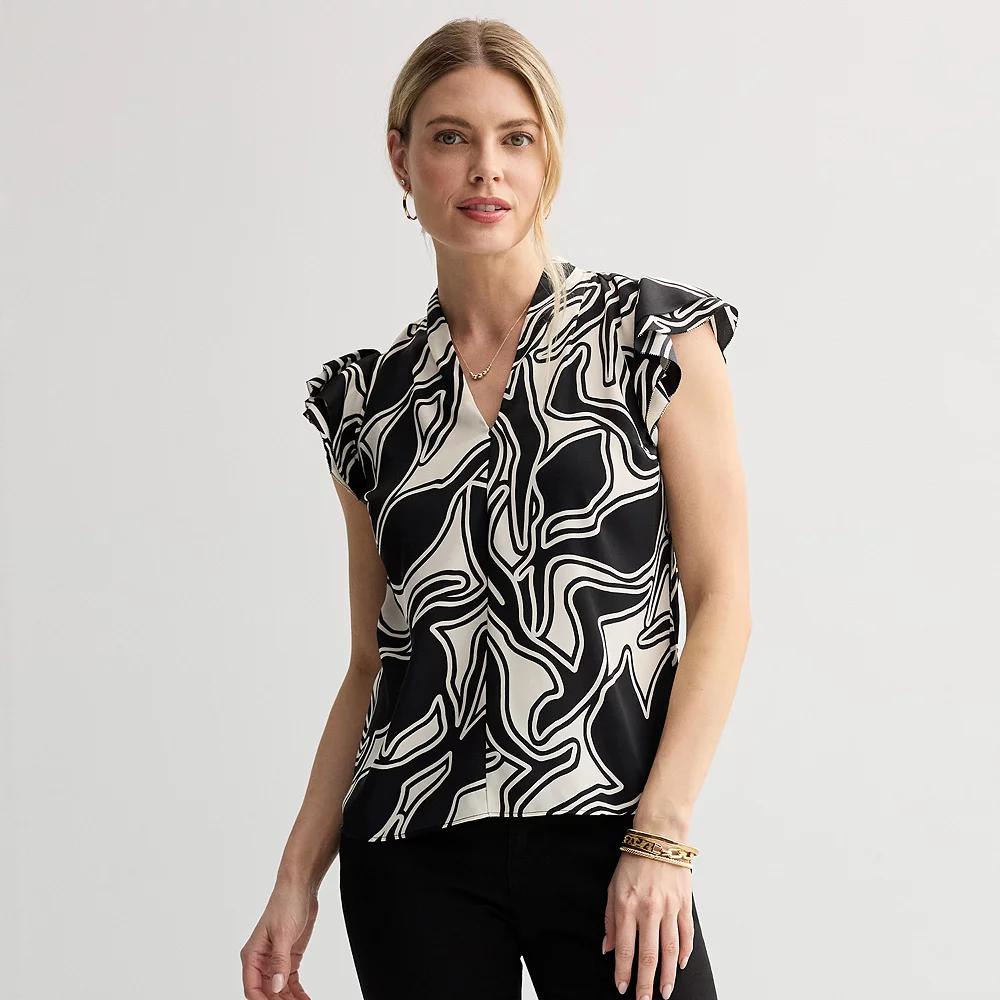 Women's Nine West Flutter Sleeve Satin Blouse, Size: XS, Black Outline Abstract Product Image