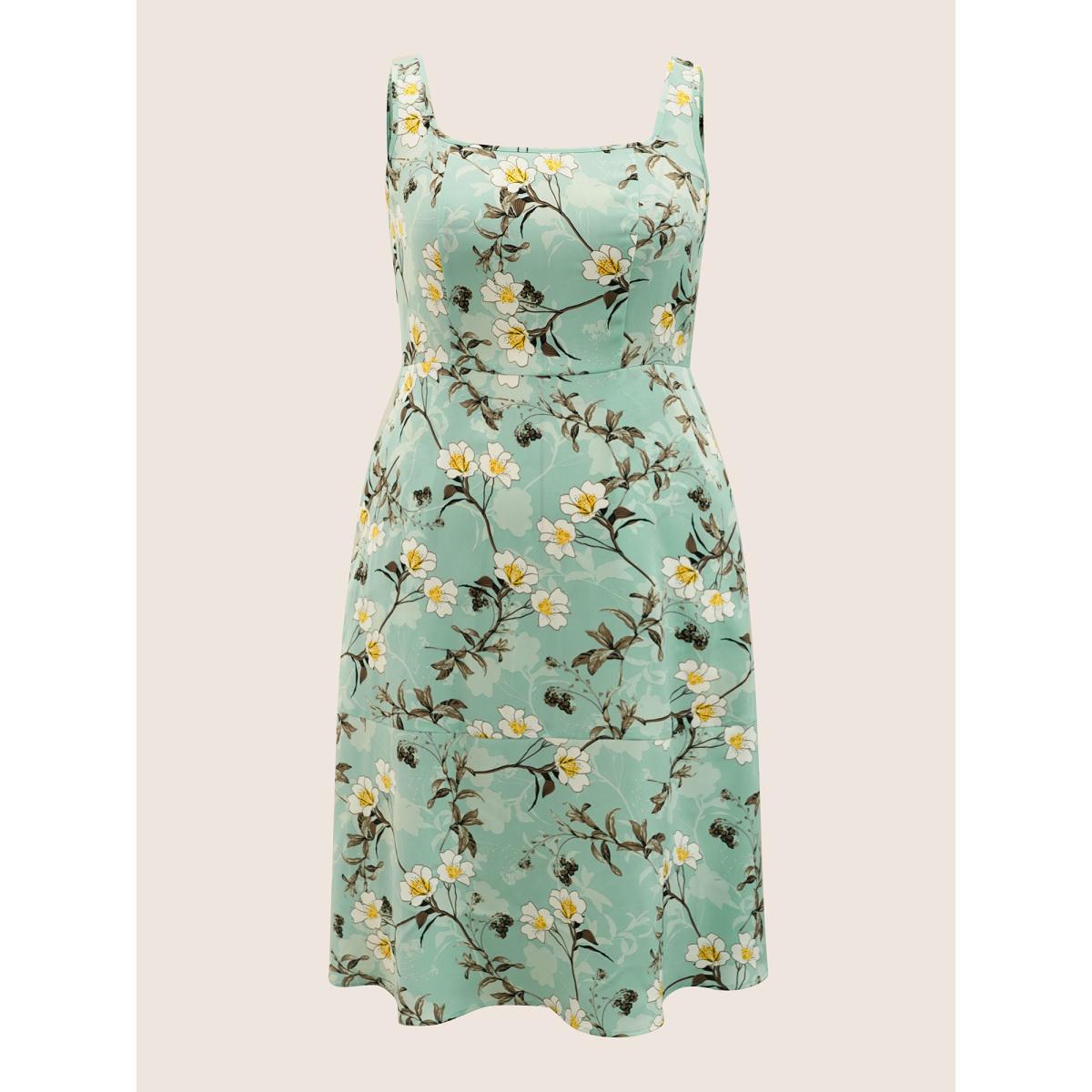 Plus Size Floral Print Square Neck Pocket Tank Dress Mint Women Elegant Non Square Neck Sleeveless Curvy Midi Dress BloomChic 10/M Product Image