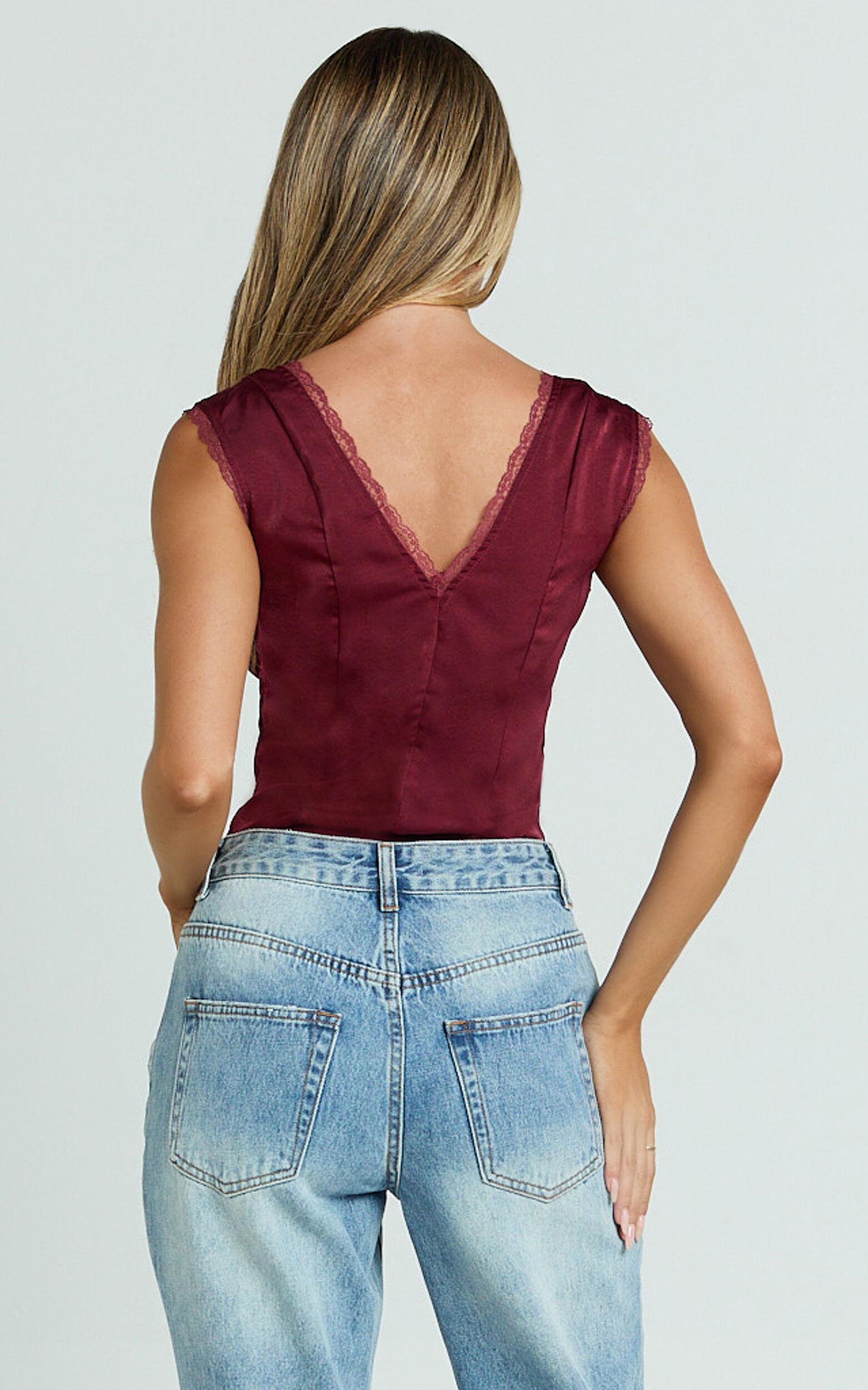 Gloria Top - V Neck Lace Detail Cap Sleeve Top in Wine Product Image