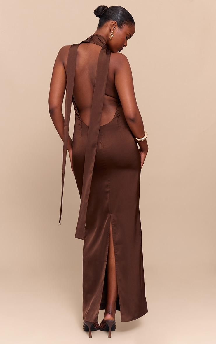 Chocolate Satin Cowl Neck Drape Maxi Dress Product Image